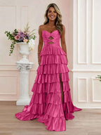 Pink Tiered A Line Strapless Sweetheart Satin Prom Dress With Keyhole