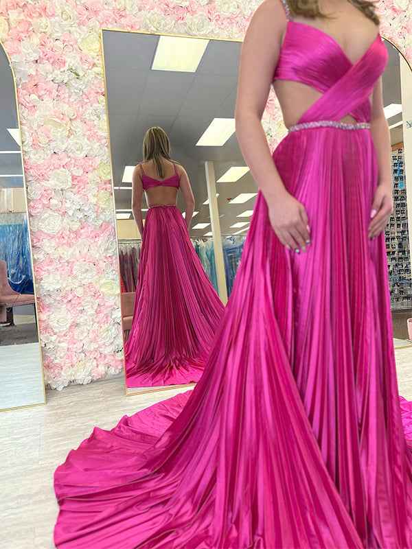 Fuchsia A Line Sequin Strap Pleated Long Prom Dress With Keyhole