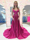 Fuchsia A Line Sequin Strap Pleated Long Prom Dress With Keyhole