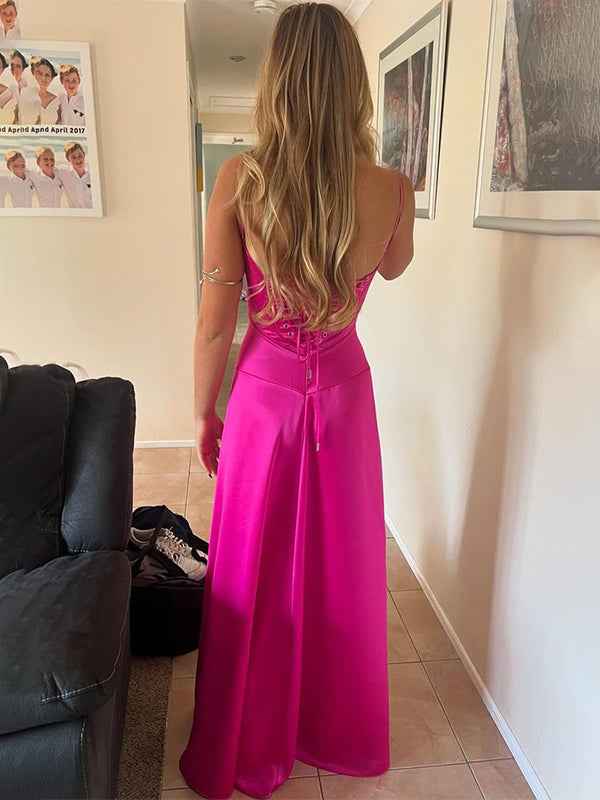 Fuchsia Satin A Line Spaghetti Strap Long Prom Dress For Evening Party