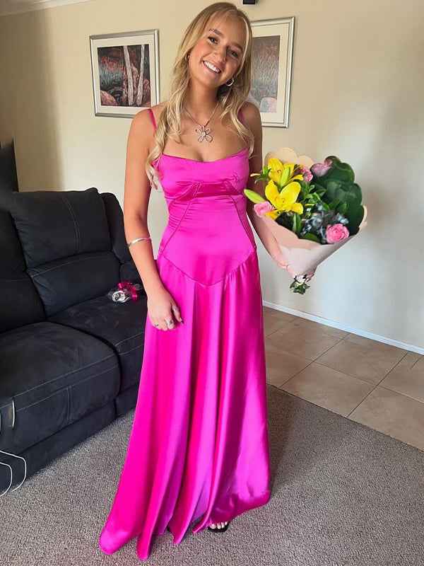 Fuchsia Satin A Line Spaghetti Strap Long Prom Dress For Evening Party