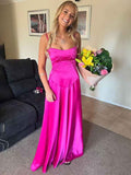 Fuchsia Satin A Line Spaghetti Strap Long Prom Dress For Evening Party