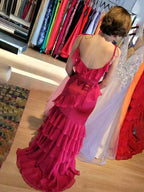 Red Mermaid Long Prom Dress With Spaghetti Straps And Cascading Ruffles