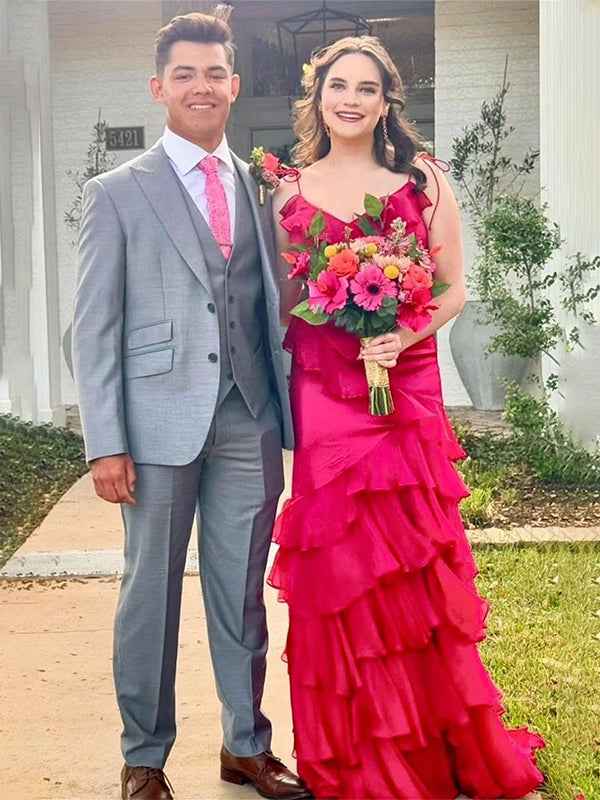 Red Mermaid Long Prom Dress With Spaghetti Straps And Cascading Ruffles