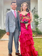 Red Mermaid Long Prom Dress With Spaghetti Straps And Cascading Ruffles