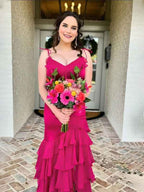 Red Mermaid Long Prom Dress With Spaghetti Straps And Cascading Ruffles