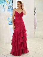 Red Mermaid Long Prom Dress With Spaghetti Straps And Cascading Ruffles