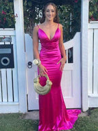 Fuchsia Mermaid Satin Long Prom Dress With Spaghetti Straps V Neck Plunge
