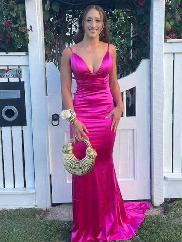 Fuchsia Mermaid Satin Long Prom Dress With Spaghetti Straps V Neck Plunge