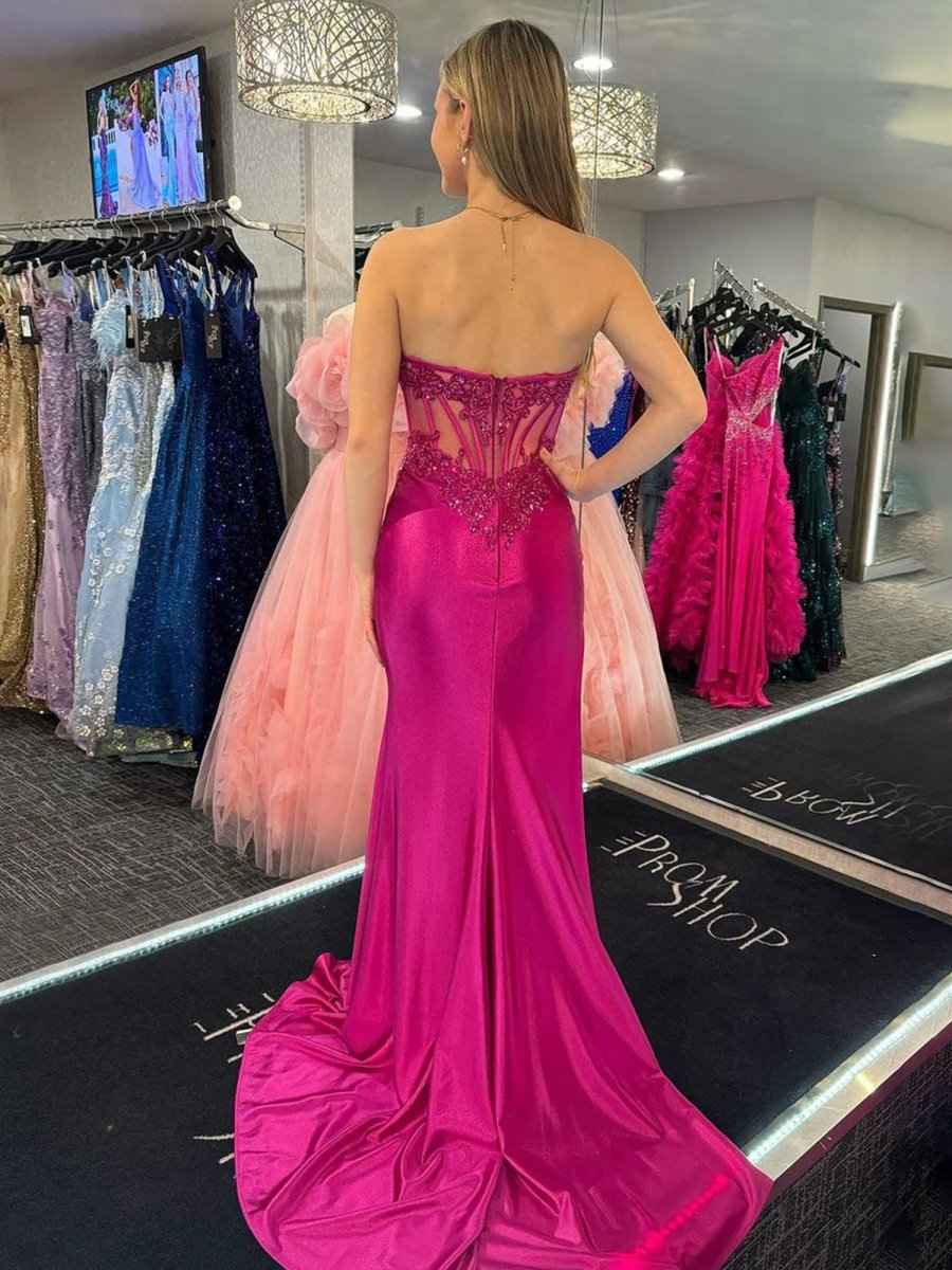 Fuchsia Mermaid Strapless Satin Prom Dress With Slit And Beaded Appliques