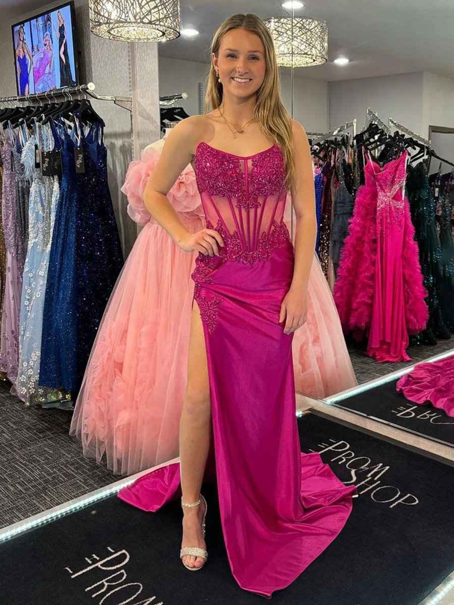 Fuchsia Mermaid Strapless Satin Prom Dress With Slit And Beaded Appliques