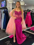 Fuchsia Mermaid Strapless Satin Prom Dress With Slit And Beaded Appliques