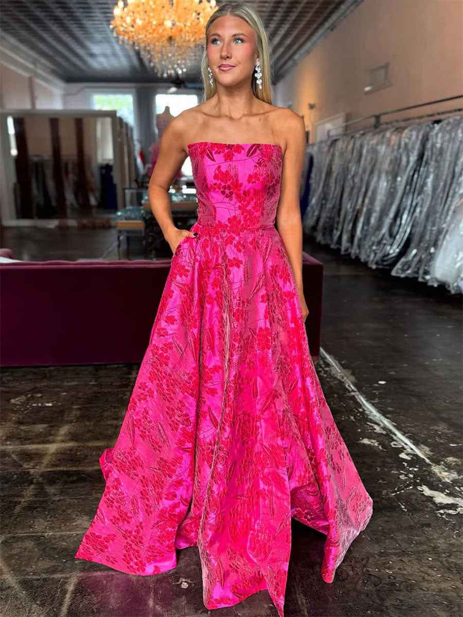 Fuchsia Strapless Jacquard Satin A Line Long Prom Dress
