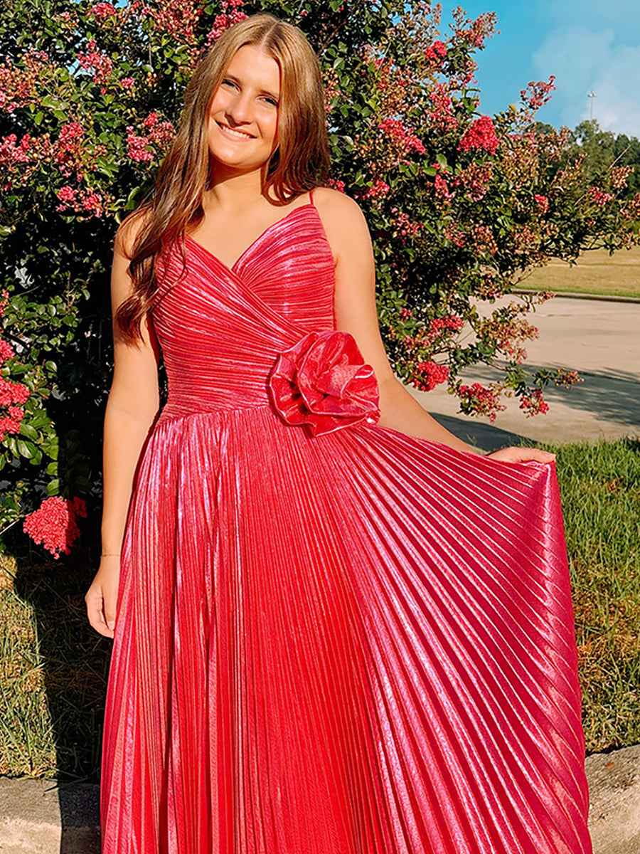 Fuchsia Metallic Pleated Long Prom Dress With 3D Rosette