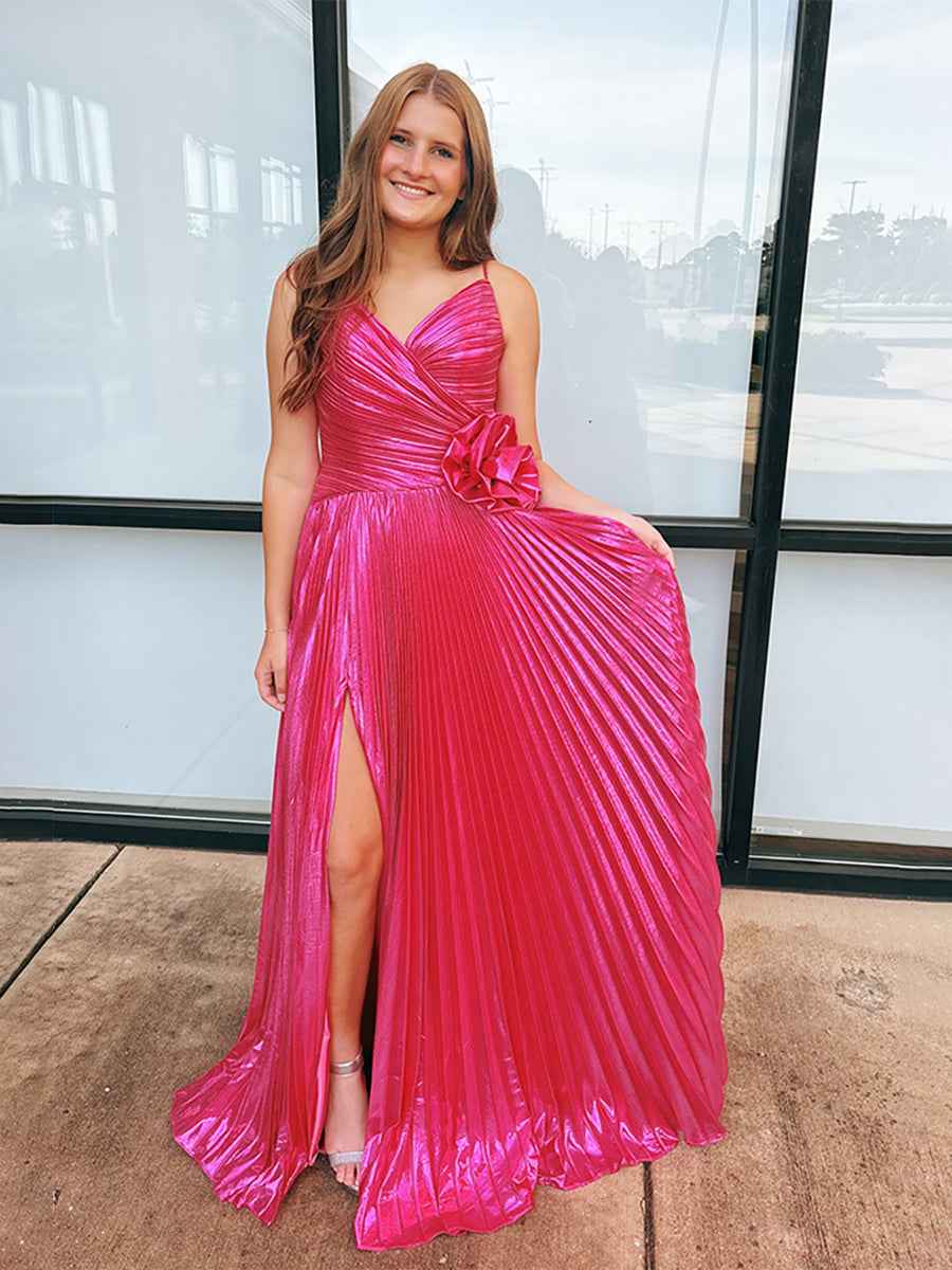 Fuchsia Metallic Pleated Long Prom Dress With 3D Rosette