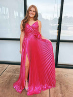 Fuchsia Metallic Pleated Long Prom Dress With 3D Rosette