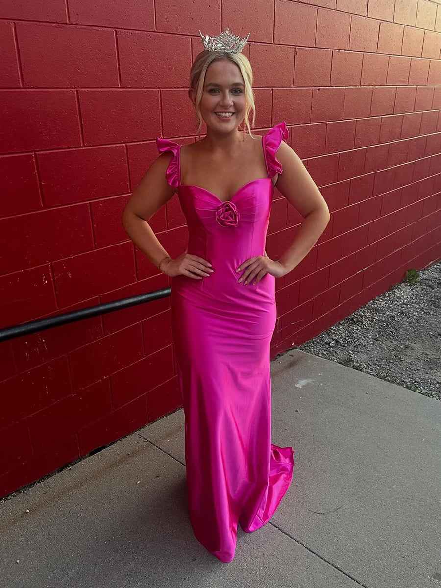Fuchsia Satin Mermaid Prom Dress With Ruffled Shoulder Straps