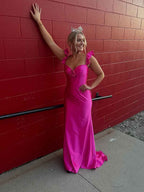 Fuchsia Satin Mermaid Prom Dress With Ruffled Shoulder Straps
