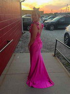 Fuchsia Satin Mermaid Prom Dress With Ruffled Shoulder Straps