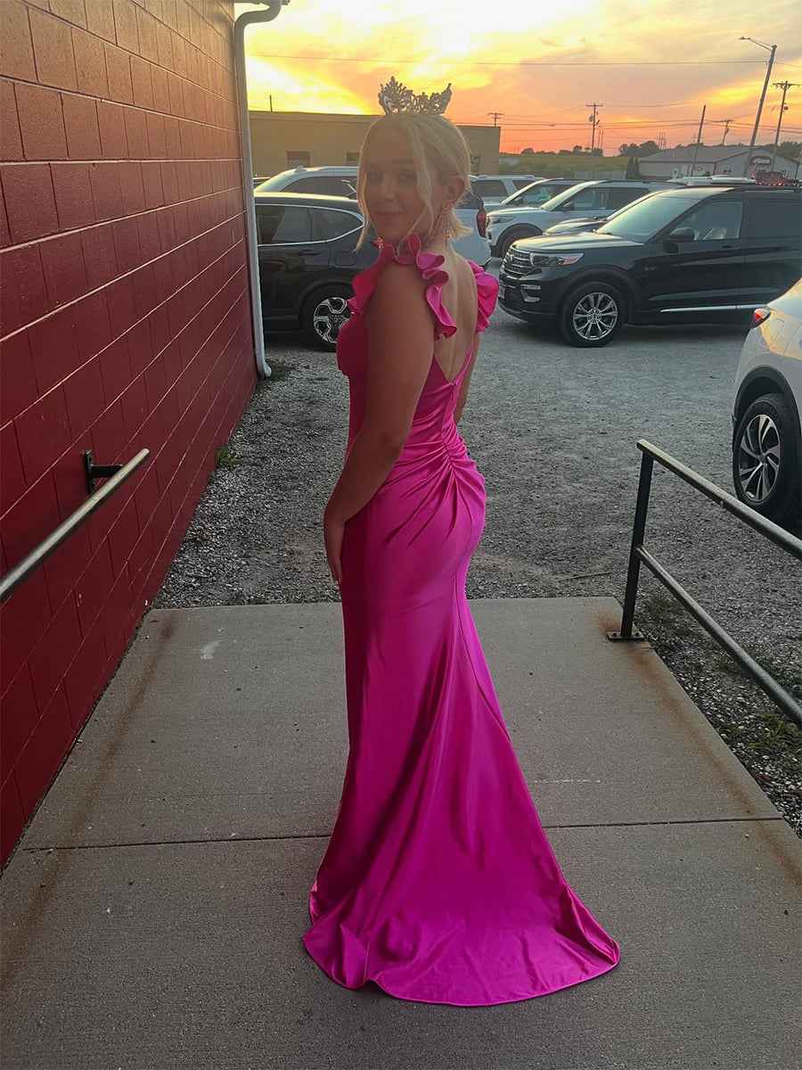 Fuchsia Satin Mermaid Prom Dress With Ruffled Shoulder Straps