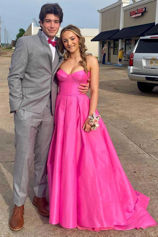 Fuchsiafarbenes, trägerloses, langes Satin-Ballkleid mit Taschen