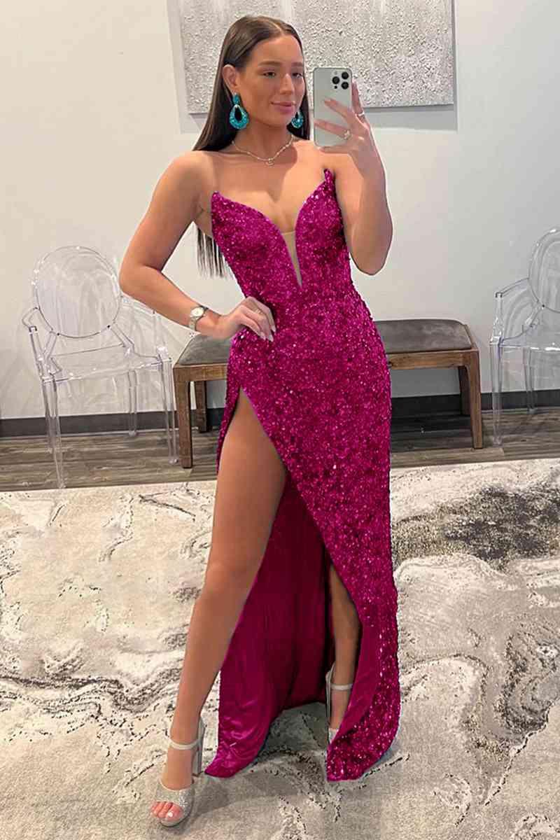 Abito da sera senza spalline con paillettes e spacco SYP112