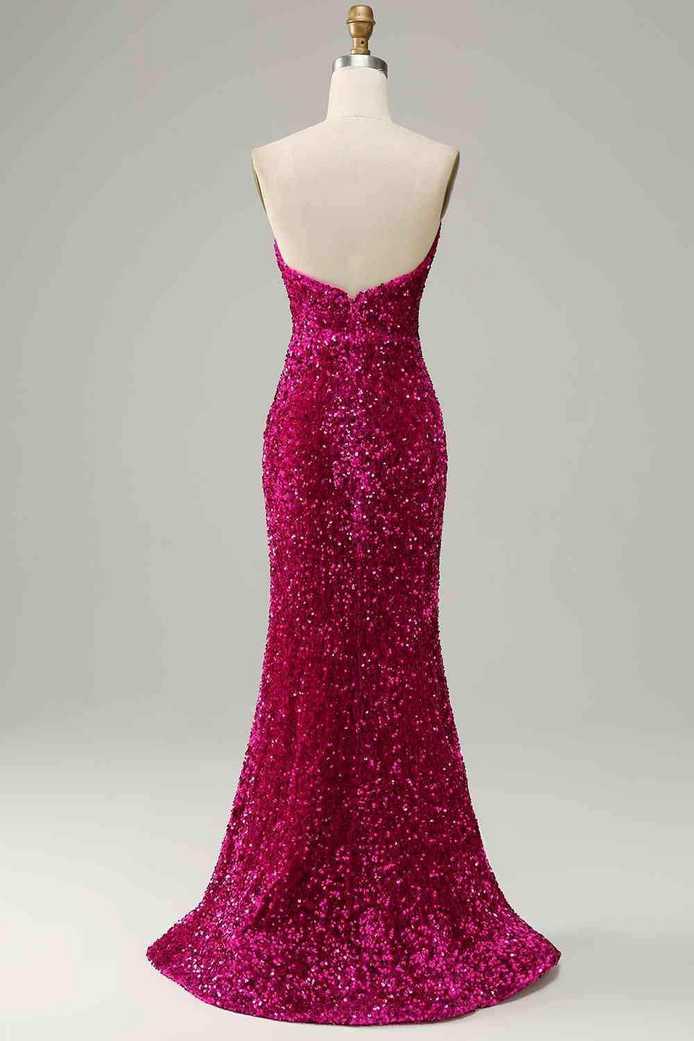 Abito da sera senza spalline con paillettes e spacco SYP112