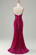 Abito da sera senza spalline con paillettes e spacco SYP112