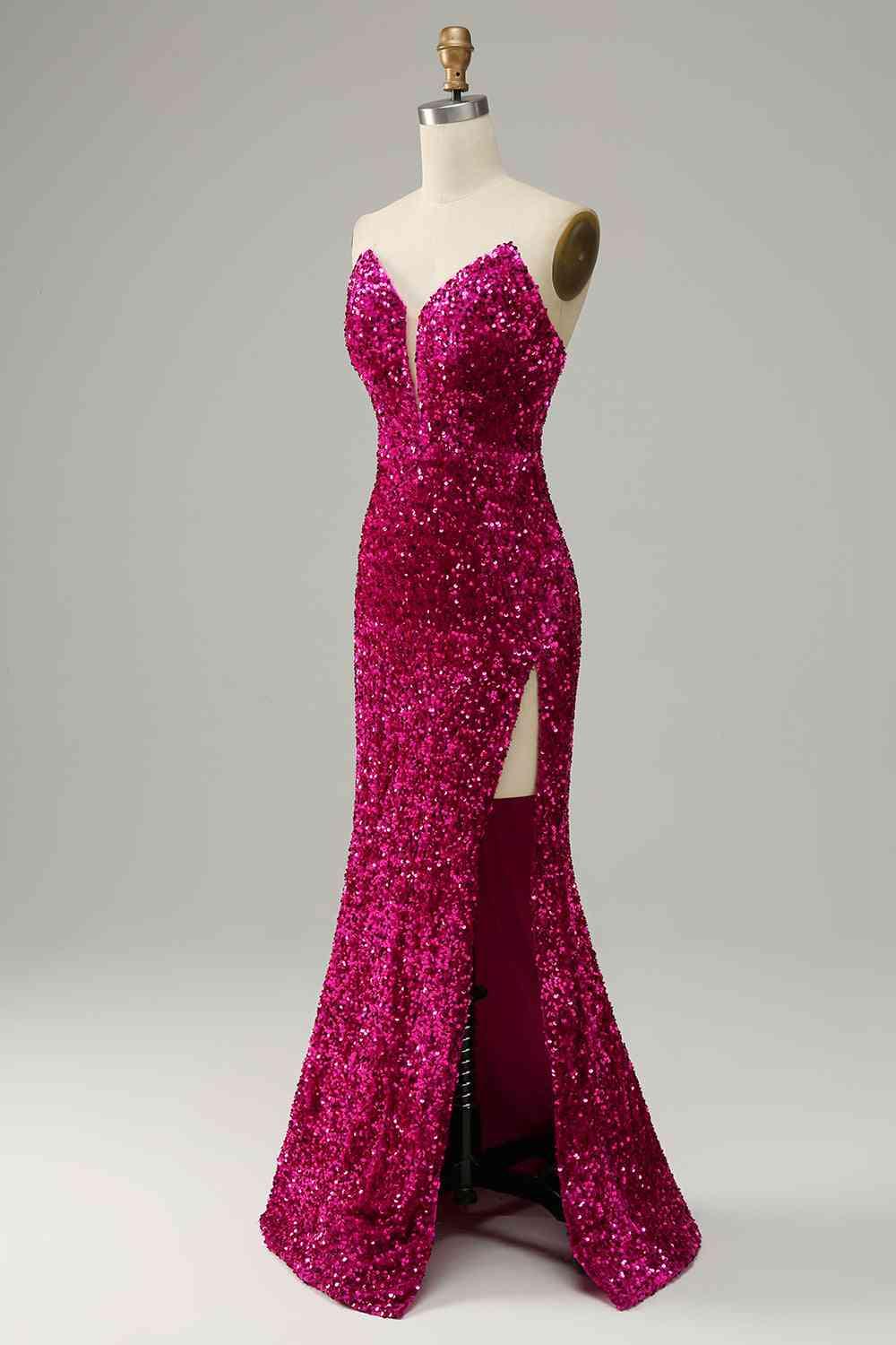 Abito da sera senza spalline con paillettes e spacco SYP112