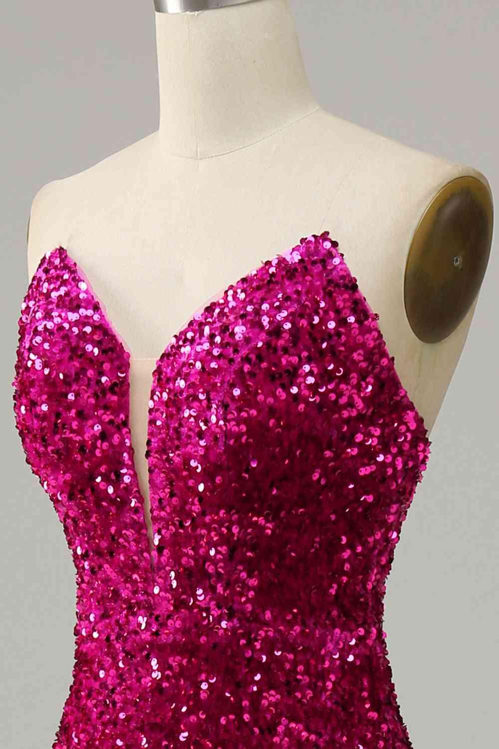 Abito da sera senza spalline con paillettes e spacco SYP112