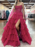 Fuchsia Strapless Corset Prom Dress With Tiered Ruffles