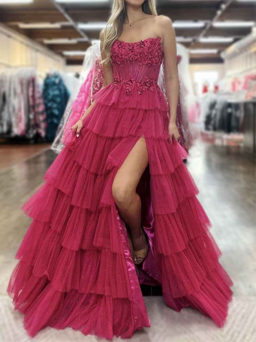 Fuchsia Strapless Corset Prom Dress With Tiered Ruffles