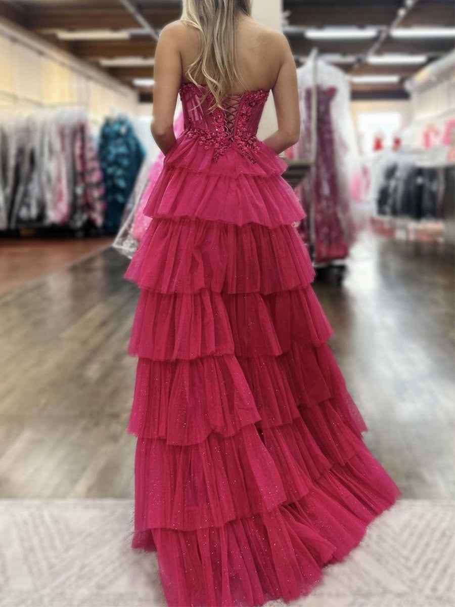Fuchsia Strapless Corset Prom Dress With Tiered Ruffles