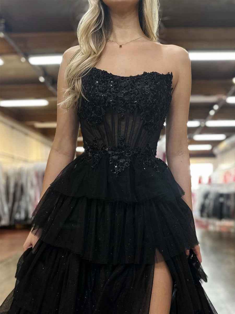 Fuchsia Strapless Corset Prom Dress With Tiered Ruffles