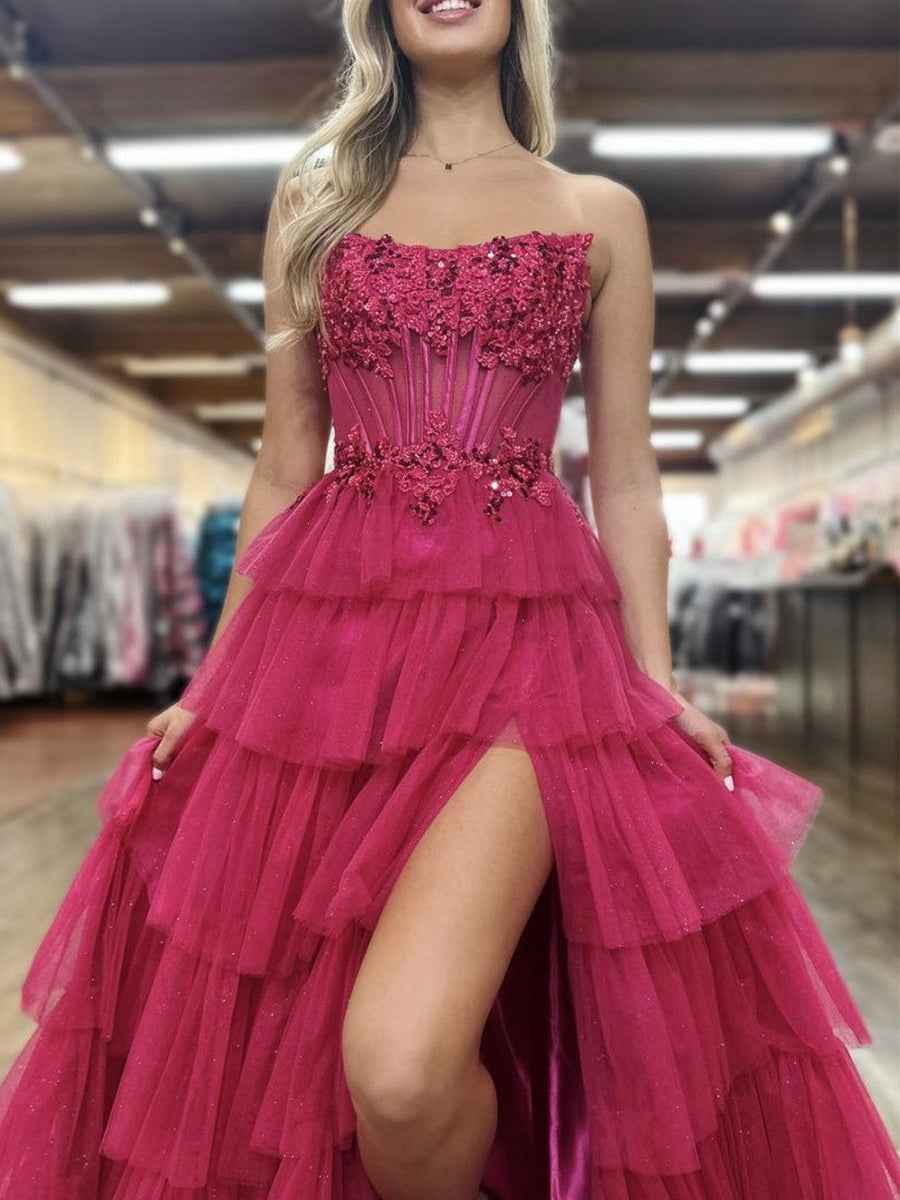 Fuchsia Strapless Corset Prom Dress With Tiered Ruffles