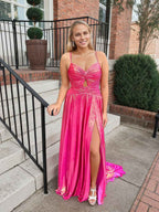 Fuchsia Metallic Prom Dress With Ruched Keyhole Bodice