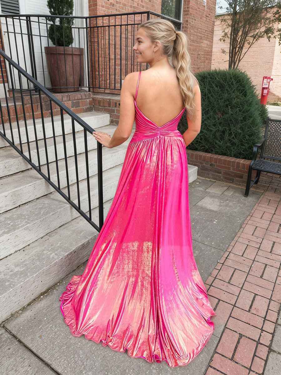 Fuchsia Metallic Prom Dress With Ruched Keyhole Bodice