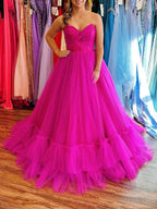 Fuchsia Sweetheart Strapless Tiered Tulle Long Prom Gown