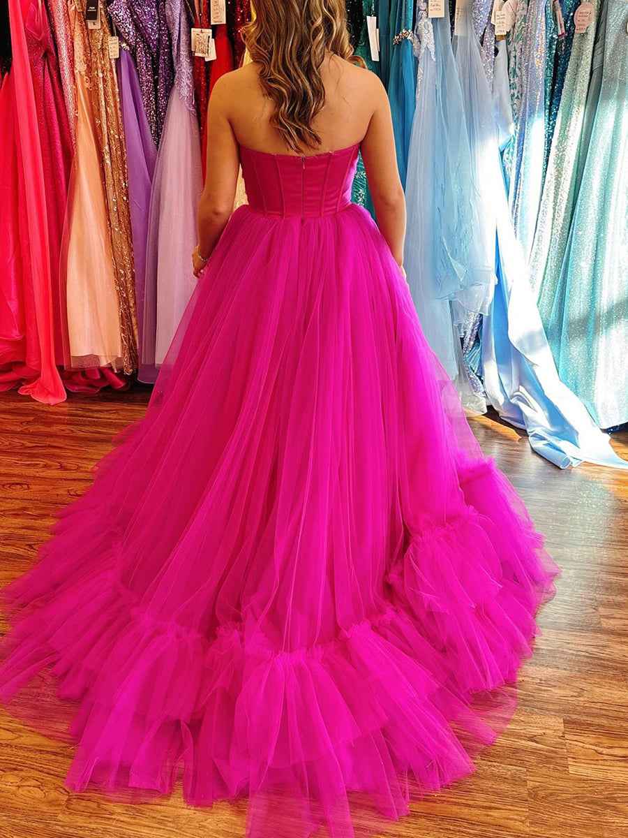 Fuchsia Sweetheart Strapless Tiered Tulle Long Prom Gown