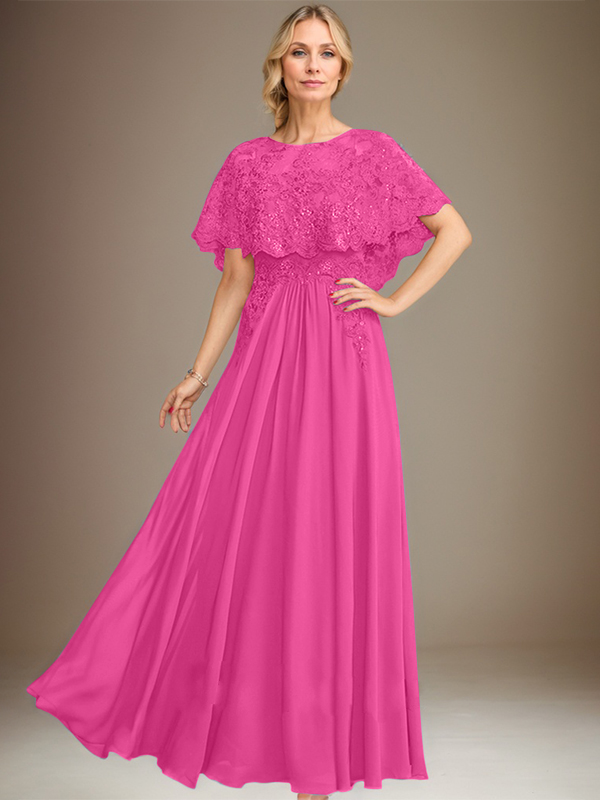 Robe de mère de la mariée en mousseline de soie à dentelle, longueur au sol, en ligne A, col bateau, ornée d'appliques à paillettes