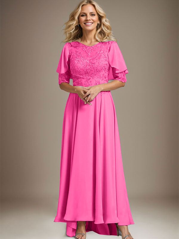 Robe de mère de la mariée en mousseline et dentelle asymétrique à encolure dégagée en ligne A avec perles