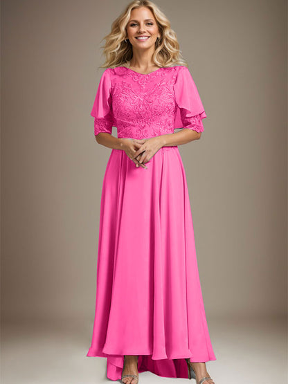 A-Linie U-Ausschnitt Illusion Asymmetrisch Chiffon Spitze Mutter der Braut Kleid mit Perlen 