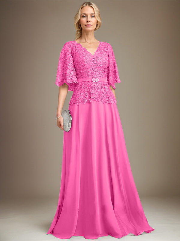 A-Linie V-Ausschnitt Bodenlang Chiffon Spitze Mutter der Braut Kleid Mit Kristall Brosche Strass 