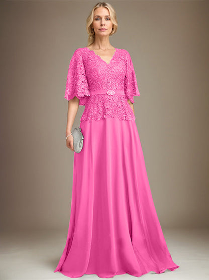 A-Linie V-Ausschnitt Bodenlang Chiffon Spitze Mutter der Braut Kleid Mit Kristall Brosche Strass 