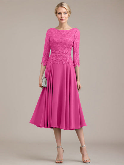 A-Linie U-Ausschnitt Wadenlang Chiffon-Kleid für die Brautmutter 