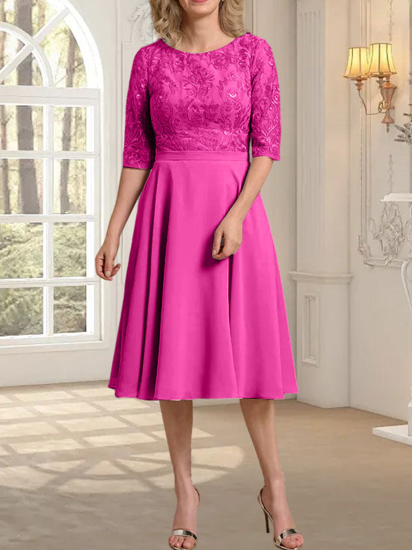 A-Linie U-Ausschnitt Knielang Chiffon Spitzenkleid für die Brautmutter