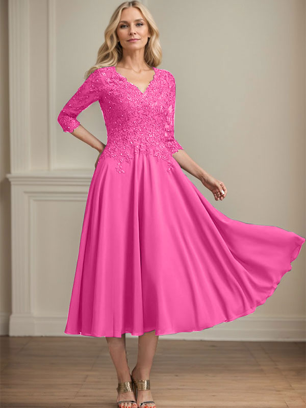 A-Linie, V-Ausschnitt, knielang, Chiffon, Spitze, Kleid für die Brautmutter mit Perlen und Pailletten 