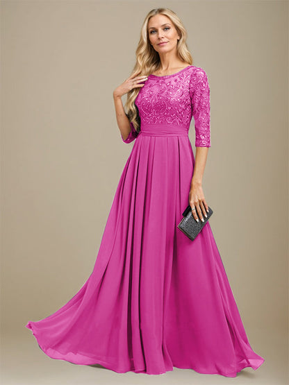 A-Linie U-Ausschnitt Bodenlang Spitzen-Chiffon-Kleid für die Brautmutter mit Paillettenapplikation 