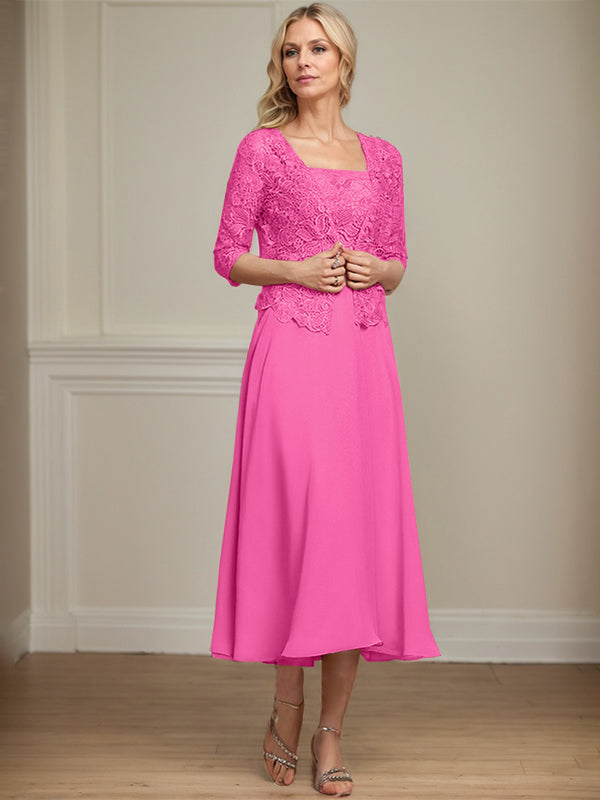 A-Linie Quadratisches Wadenlanges Chiffon-Spitzenkleid für die Brautmutter mit Pailletten und Perlen 