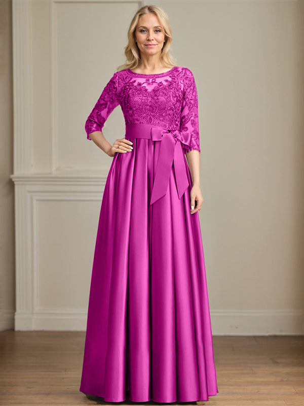 A-Linie, U-Ausschnitt, Illusion, bodenlanges Satin-Spitzenkleid für die Brautmutter mit Paillettenschleife 